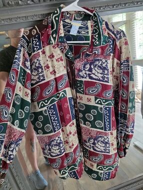 Vintage Patchwork Button Up Shirt Burgundy/Green/Cream 20W Womens 100% Silk